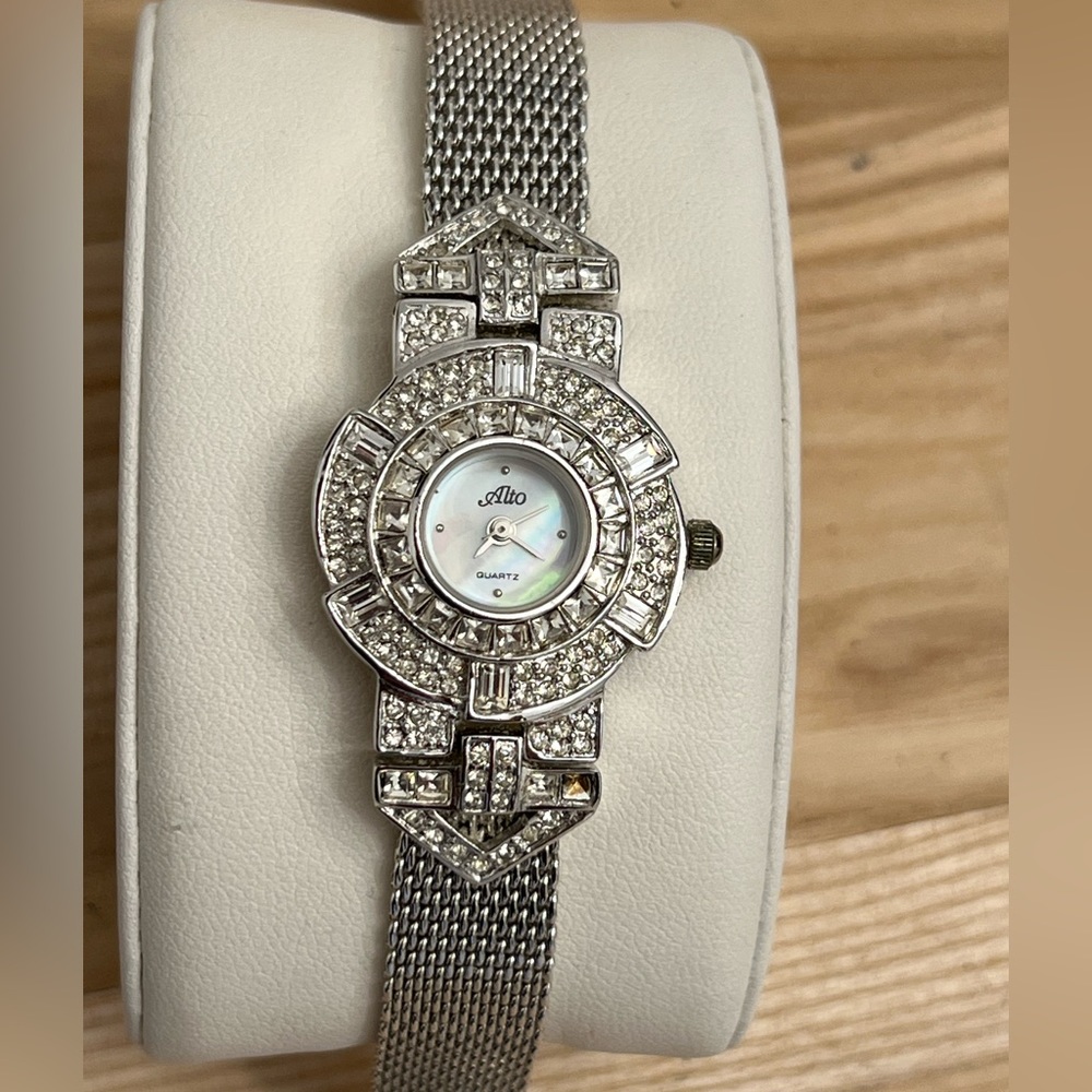 Alto Ladies Watch Crystal Embellishments Pearl Dial Stainless Weave Bracelet
